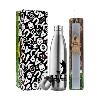 M.I.L.F. Mam i love fishing, Πασχαλινή Λαμπάδα με μεταλλικό παγούρι θερμός ανοξείδωτο (500ml) & κερί αρωματικό πλακέ (30cm) (ΓΚΡΙ)