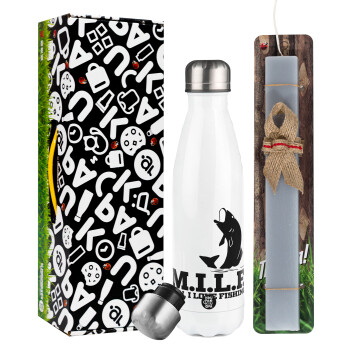 M.I.L.F. Mam i love fishing, Πασχαλινή Λαμπάδα με μεταλλικό παγούρι θερμός λευκός (500ml) & λαμπάδα αρωματική πλακέ (30cm) (ΓΚΡΙ)