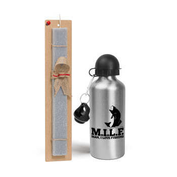 M.I.L.F. Mam i love fishing, Πασχαλινή Λαμπάδα με παγούρι μεταλλικό Ασημένιο αλουμινίου (500ml) & κερί αρωματικό πλακέ (30cm) (ΓΚΡΙ)