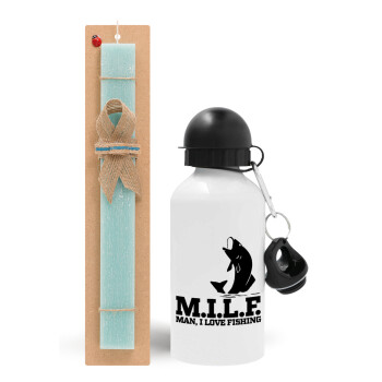 M.I.L.F. Mam i love fishing, Easter Set, metallic aluminum water bottle (500ml) & scented flat candle (30cm) (TURQUOISE)