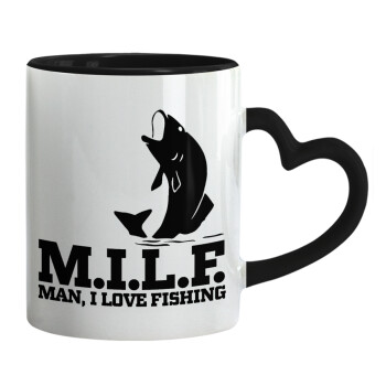 M.I.L.F. Mam i love fishing, Κούπα καρδιά χερούλι μαύρη, κεραμική, 330ml
