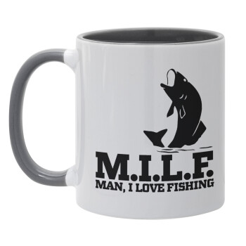 M.I.L.F. Mam i love fishing, Κούπα χρωματιστή γκρι, κεραμική, 330ml