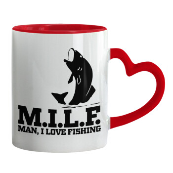 M.I.L.F. Mam i love fishing, Κούπα καρδιά χερούλι κόκκινη, κεραμική, 330ml