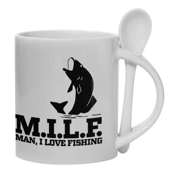 M.I.L.F. Mam i love fishing, Ceramic coffee mug with Spoon, 330ml (1pcs)