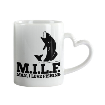 M.I.L.F. Mam i love fishing, Κούπα καρδιά χερούλι λευκή, κεραμική, 330ml