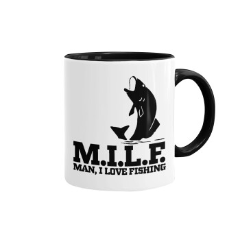 M.I.L.F. Mam i love fishing, Κούπα χρωματιστή μαύρη, κεραμική, 330ml