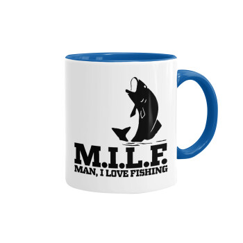 M.I.L.F. Mam i love fishing, Κούπα χρωματιστή μπλε, κεραμική, 330ml