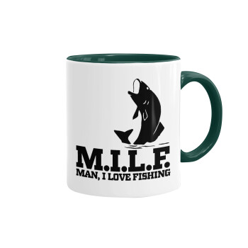 M.I.L.F. Mam i love fishing, Κούπα χρωματιστή πράσινη, κεραμική, 330ml