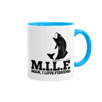 M.I.L.F. Mam i love fishing, Mug colored light blue, ceramic, 330ml
