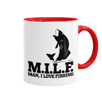 M.I.L.F. Mam i love fishing, Κούπα χρωματιστή κόκκινη, κεραμική, 330ml