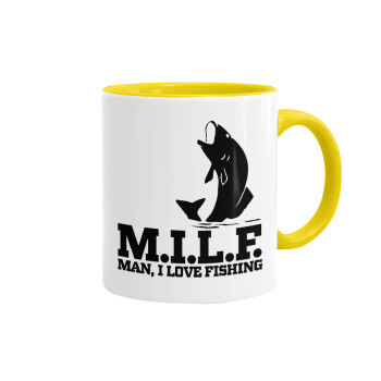 M.I.L.F. Mam i love fishing, Κούπα χρωματιστή κίτρινη, κεραμική, 330ml