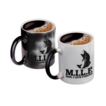 M.I.L.F. Mam i love fishing, Color changing magic Mug, ceramic, 330ml when adding hot liquid inside, the black colour desappears (1 pcs)