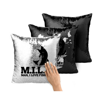 M.I.L.F. Mam i love fishing, Μαξιλάρι καναπέ Μαγικό Μαύρο με πούλιες 40x40cm περιέχεται το γέμισμα