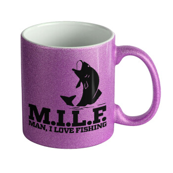 M.I.L.F. Mam i love fishing, Κούπα Μωβ Glitter που γυαλίζει, κεραμική, 330ml