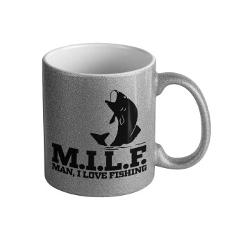 M.I.L.F. Mam i love fishing, Κούπα Ασημένια Glitter που γυαλίζει, κεραμική, 330ml