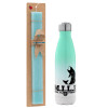 Easter Set, Metallic green/white thermos (Stainless steel), double-walled, 500ml & scented flat Easter candle (30cm) (TURQUOISE)