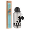 Easter Set, metallic silver aluminum water bottle (500ml) & scented flat Easter candle (30cm) (TURQUOISE)