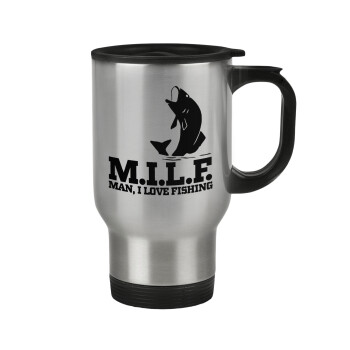 M.I.L.F. Mam i love fishing, Stainless steel travel mug with lid, double wall 450ml