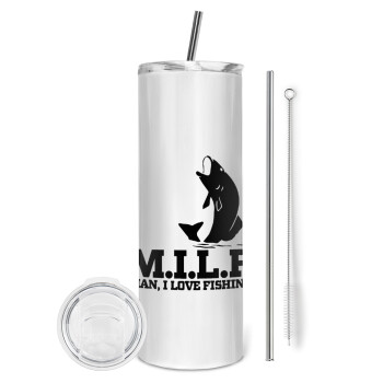 M.I.L.F. Mam i love fishing, Eco friendly stainless steel tumbler 600ml, with metal straw & cleaning brush