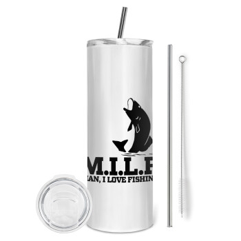 M.I.L.F. Mam i love fishing, Tumbler ποτήρι θερμό από ανοξείδωτο ατσάλι 600ml, με μεταλλικό καλαμάκι & βούρτσα καθαρισμού