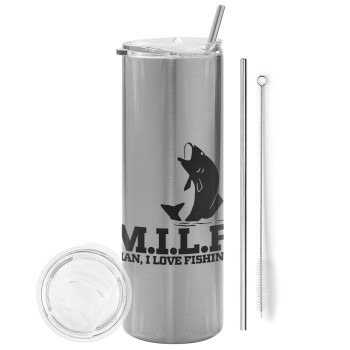 M.I.L.F. Mam i love fishing, Tumbler ποτήρι θερμό Ασημένιο από ανοξείδωτο ατσάλι 600ml, με μεταλλικό καλαμάκι & βούρτσα καθαρισμού
