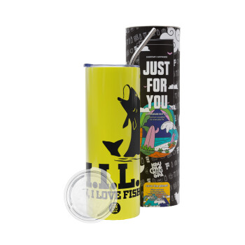 M.I.L.F. Mam i love fishing, Neon Yellow Travel Tumbler θερμό, μεταλλικό καλαμάκι(Ανωξείδωτο 304 Food grade, BPA free, 600ml)