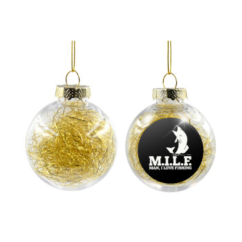 M.I.L.F. Mam i love fishing, Χριστουγεννιάτικη μπάλα δένδρου διάφανη με χρυσό γέμισμα 8cm