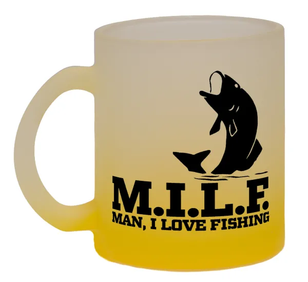 M.I.L.F. Mam i love fishing — Two-tone glass mug with matte yellow base, 330ml