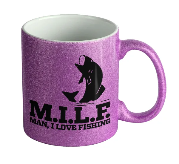 M.I.L.F. Mam i love fishing — Κούπα Μωβ Glitter που γυαλίζει, κεραμική, 330ml
