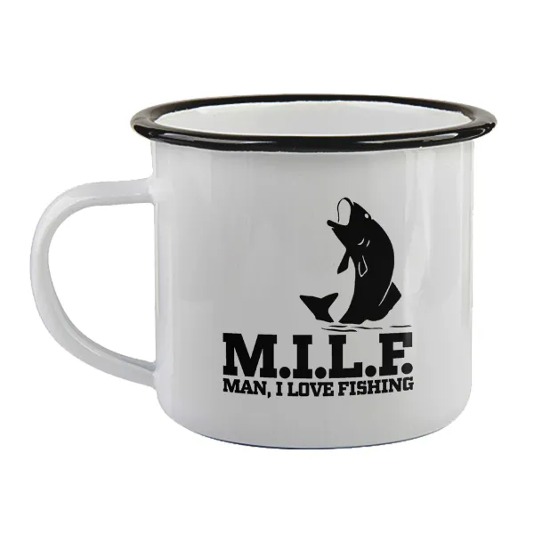 M.I.L.F. Mam i love fishing — Enamel mug with black rim, 360ml