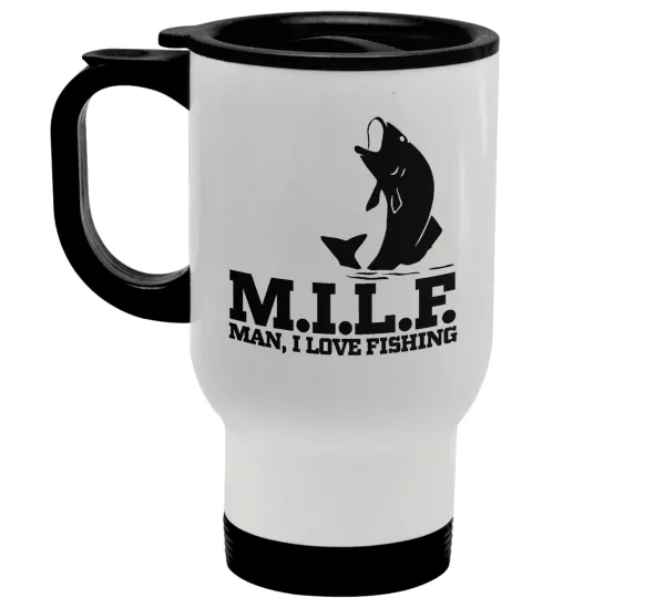 M.I.L.F. Mam i love fishing — Κούπα ταξιδιού ανοξείδωτη με καπάκι, διπλού τοιχώματος (θερμό) λευκή 450ml
