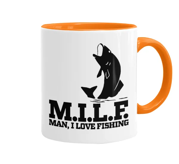 M.I.L.F. Mam i love fishing — Κούπα χρωματιστή πορτοκαλί, κεραμική, 330ml
