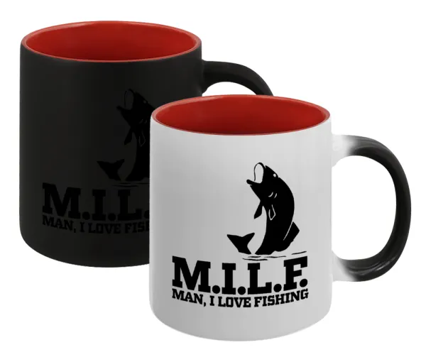 M.I.L.F. Mam i love fishing — Magic mug with red interior, ceramic, 330ml, changes colour with hot drinks