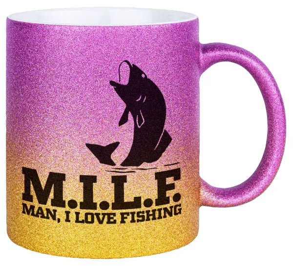 M.I.L.F. Mam i love fishing — Κούπα Χρυσή/Ροζ Glitter, κεραμική, 330ml