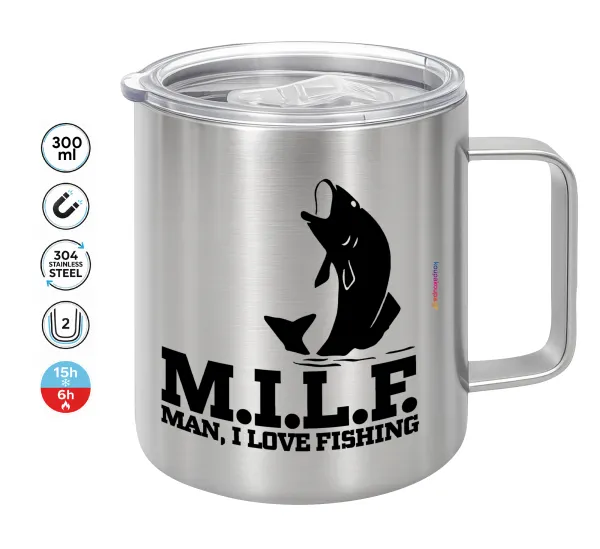 M.I.L.F. Mam i love fishing — Double-walled stainless steel mug 300ml with temperature-retaining lid