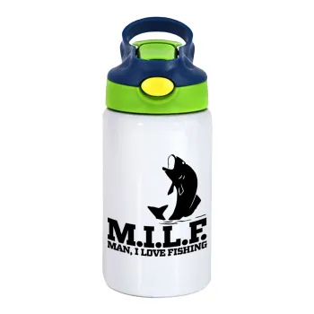 M.I.L.F. Mam i love fishing, Children's hot water bottle, stainless steel, with safety straw, green, blue (350ml)