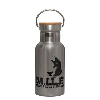 M.I.L.F. Mam i love fishing, Μεταλλικό παγούρι θερμός (Stainless steel) Ασημένιο με ξύλινο καπακι (bamboo), διπλού τοιχώματος, 350ml
