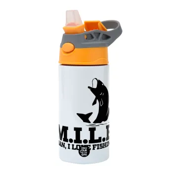 M.I.L.F. Mam i love fishing, Παιδικό παγούρι θερμό, ανοξείδωτο, με καλαμάκι ασφαλείας, Πορτοκαλί/Γκρι (360ml) BPA-FREE