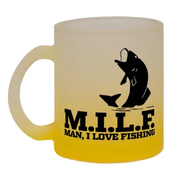 M.I.L.F. Mam i love fishing, Κούπα γυάλινη δίχρωμη με βάση το κίτρινο ματ, 330ml