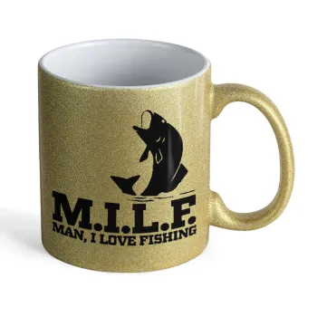 M.I.L.F. Mam i love fishing, Κούπα Χρυσή Glitter που γυαλίζει, κεραμική, 330ml