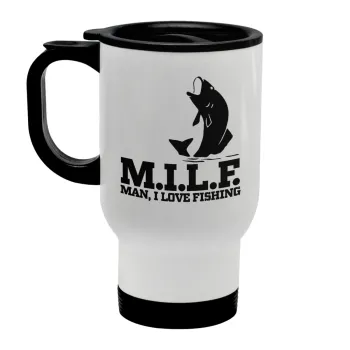 M.I.L.F. Mam i love fishing, Stainless steel travel mug with lid, double wall white 450ml