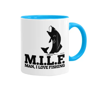 M.I.L.F. Mam i love fishing, Mug colored light blue, ceramic, 330ml