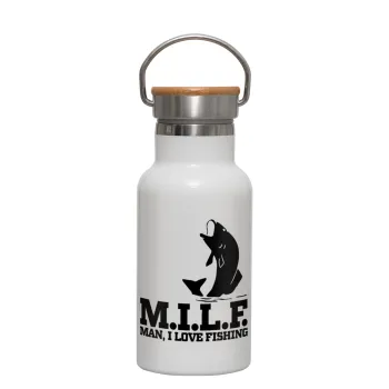 M.I.L.F. Mam i love fishing, Metallic thermos (Stainless steel) White with wooden lid (bamboo), double-walled, 350ml