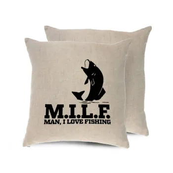 M.I.L.F. Mam i love fishing, Μαξιλάρι καναπέ ΛΙΝΟ 40x40cm περιέχεται το  γέμισμα