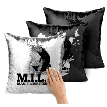 M.I.L.F. Mam i love fishing, Μαξιλάρι καναπέ Μαγικό Μαύρο με πούλιες 40x40cm περιέχεται το γέμισμα