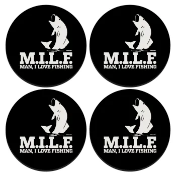 M.I.L.F. Mam i love fishing, SET of 4 round wooden coasters (9cm)