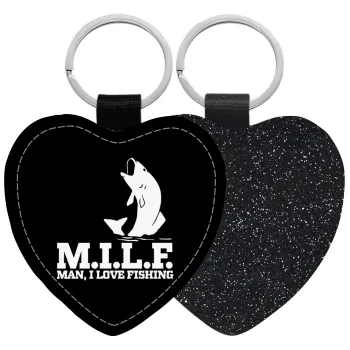 M.I.L.F. Mam i love fishing, Μπρελόκ PU δερμάτινο glitter καρδιά ΜΑΥΡΟ