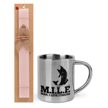 M.I.L.F. Mam i love fishing, Easter Set, metallic thermal cup (300ml) & aromatic flat Easter candle (30cm) (PINK)