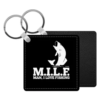M.I.L.F. Mam i love fishing, Μπρελόκ Δερματίνη, τετράγωνο ΜΑΥΡΟ (5x5cm)