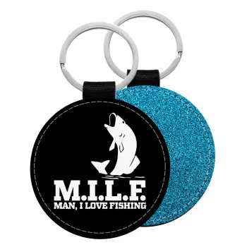 M.I.L.F. Mam i love fishing, Μπρελόκ Δερματίνη, στρογγυλό ΜΠΛΕ (5cm)